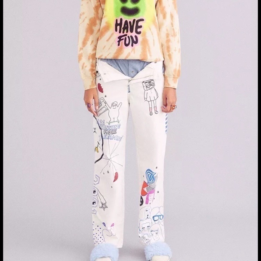 BDG White High-Rise Graphic Jeans with Multicolor Doodles